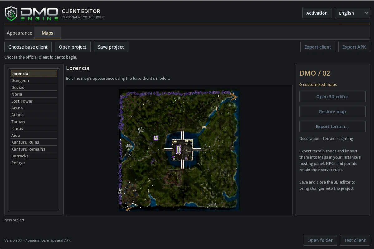 Una vista de los mapas desde DMO Client Editor.