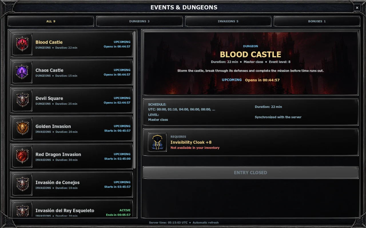 Panel de eventos e invasiones con horarios, requisitos y detalles de Blood Castle.