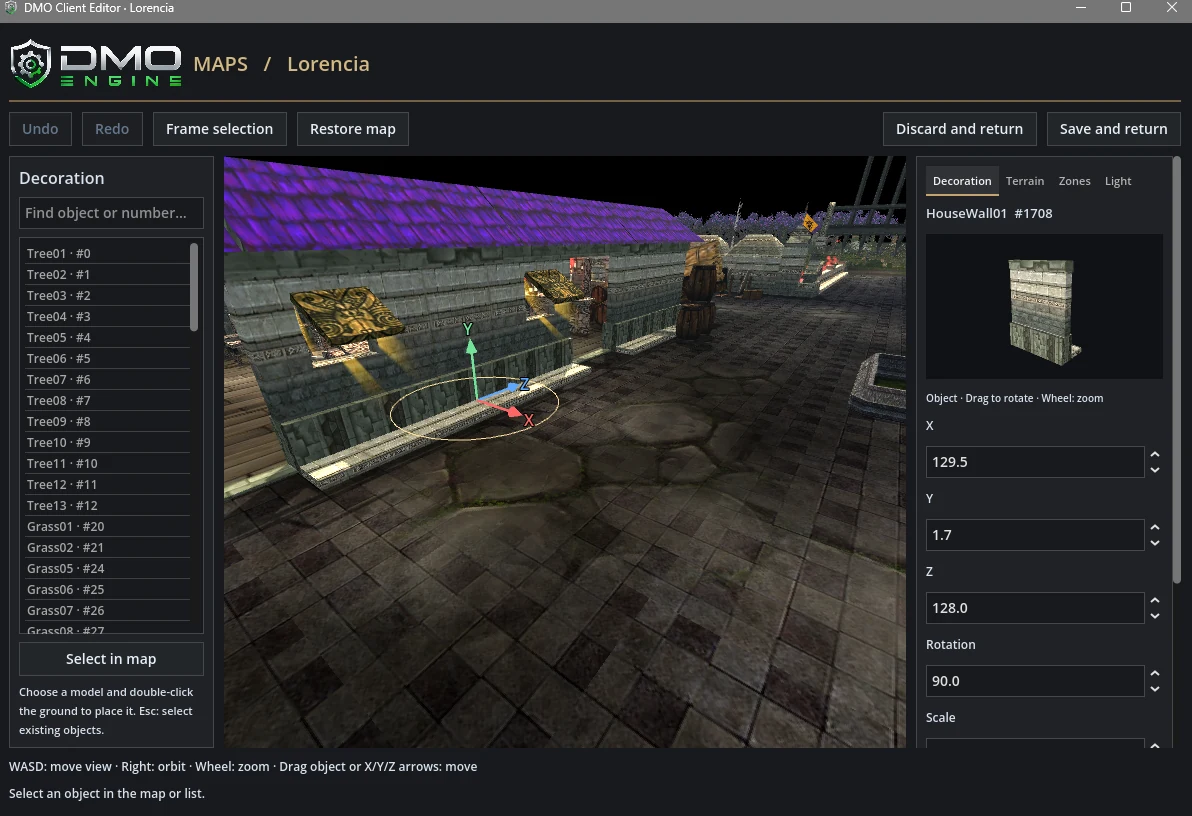 Edición de objetos y decoración de Lorencia desde DMO Client Editor.